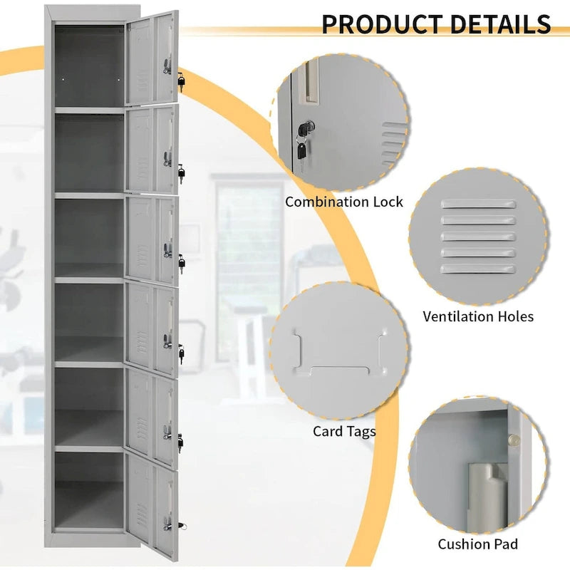 6-Door Metal Locker Storage Cabinet – Multi-Tier, Lockable, for Home Office, School & Gym