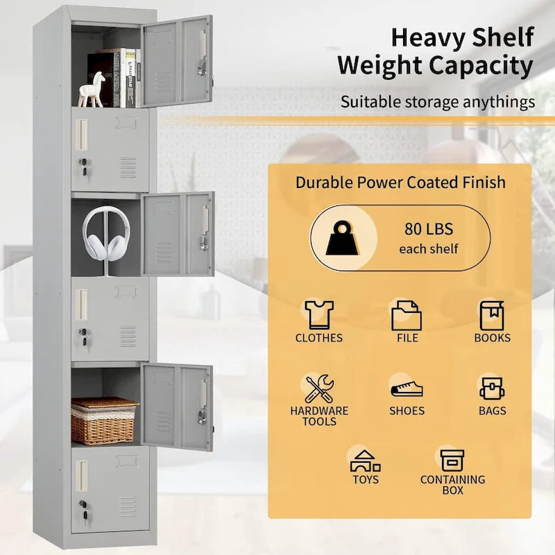 6-Door Metal Locker Storage Cabinet – Multi-Tier, Lockable, for Home Office, School & Gym