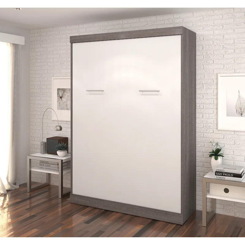 Full Size Murphy Wall Bed with Storage Cabinet – White, Space-Saving Guest Room Solution