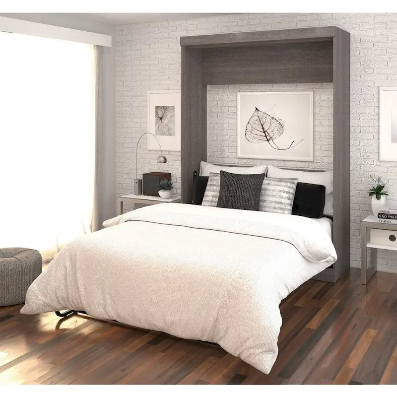 Full Size Murphy Wall Bed with Storage Cabinet – White, Space-Saving Guest Room Solution