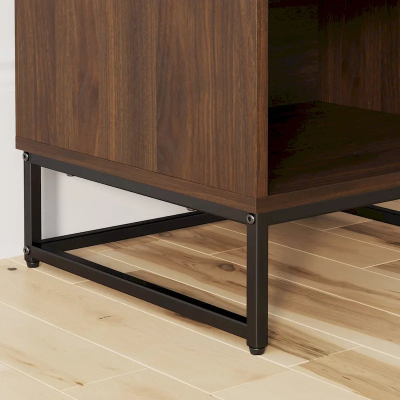Rustic Walnut Nightstand with Matte Black Metal Legs, Drawer & Open Shelf – Lifetime Warranty