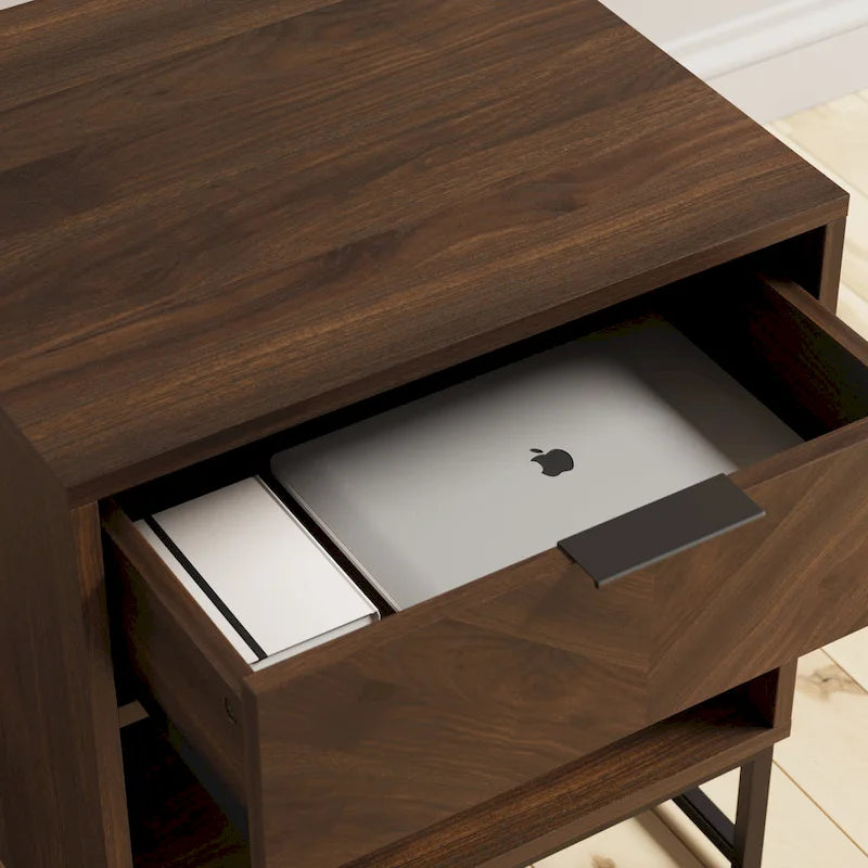 Rustic Walnut Nightstand with Matte Black Metal Legs, Drawer & Open Shelf – Lifetime Warranty