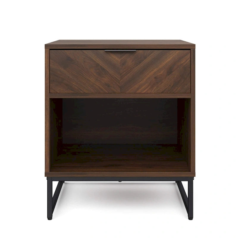 Rustic Walnut Nightstand with Matte Black Metal Legs, Drawer & Open Shelf – Lifetime Warranty