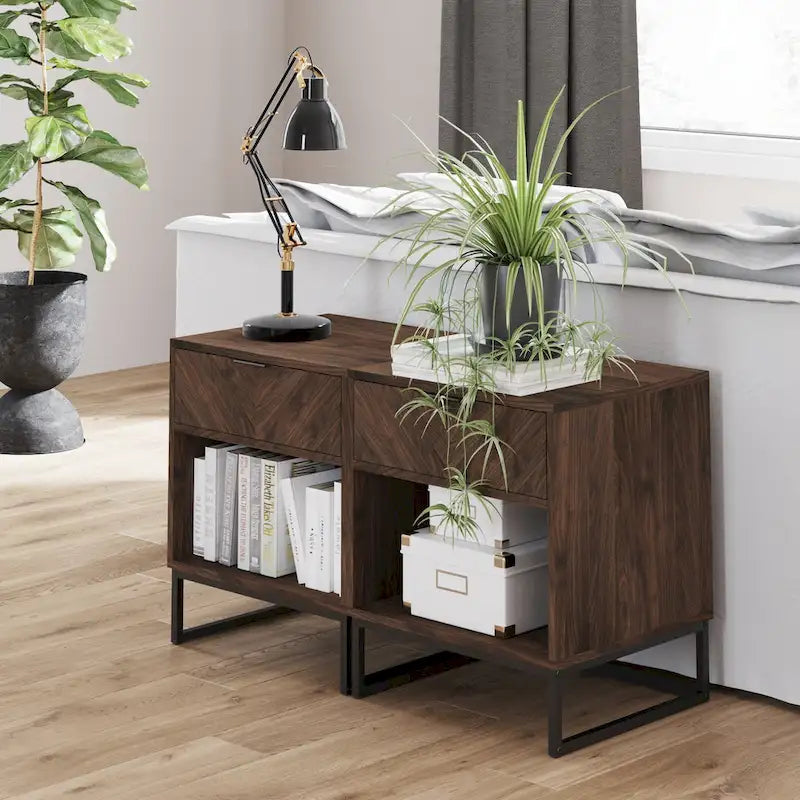 Rustic Walnut Nightstand with Matte Black Metal Legs, Drawer & Open Shelf – Lifetime Warranty