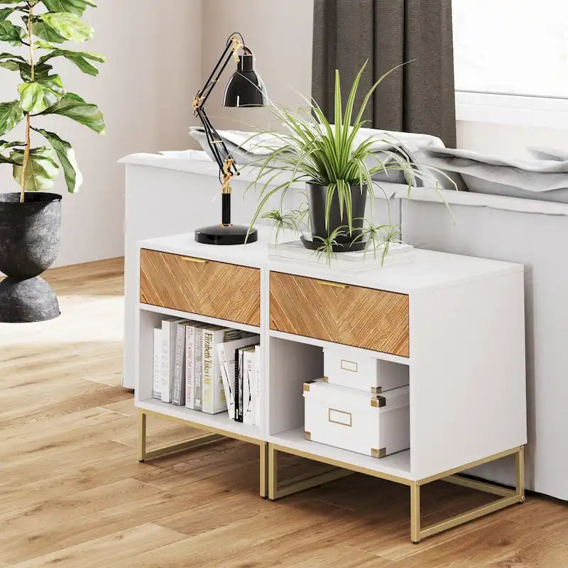 Rustic Walnut Nightstand with Matte Black Metal Legs, Drawer & Open Shelf – Lifetime Warranty