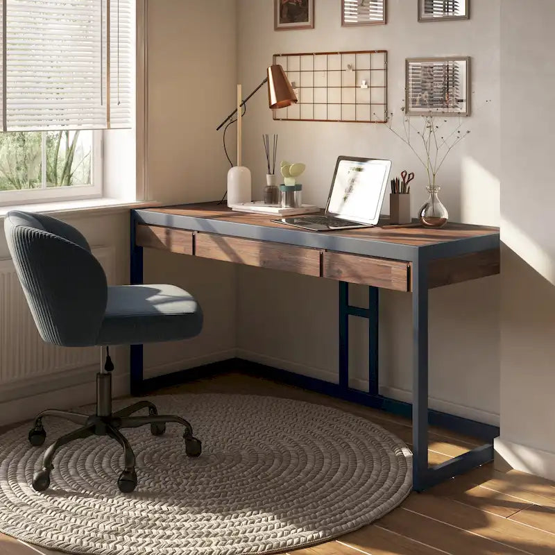 Solid Acacia Wood Industrial Office Desk – Natural Live-Edge Style, Metal Frame, Home & Office Use