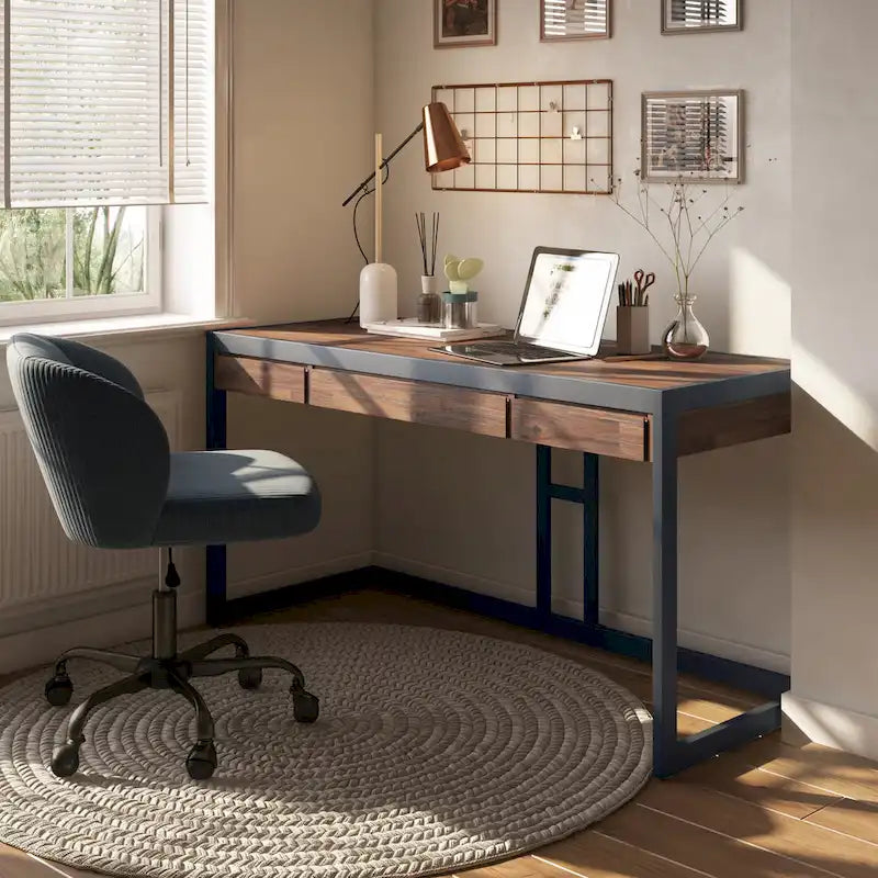 Solid Acacia Wood Industrial Office Desk – Natural Live-Edge Style, Metal Frame, Home & Office Use