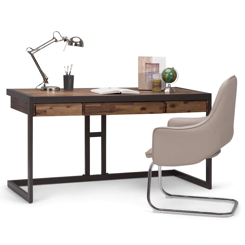 Solid Acacia Wood Industrial Office Desk – Natural Live-Edge Style, Metal Frame, Home & Office Use