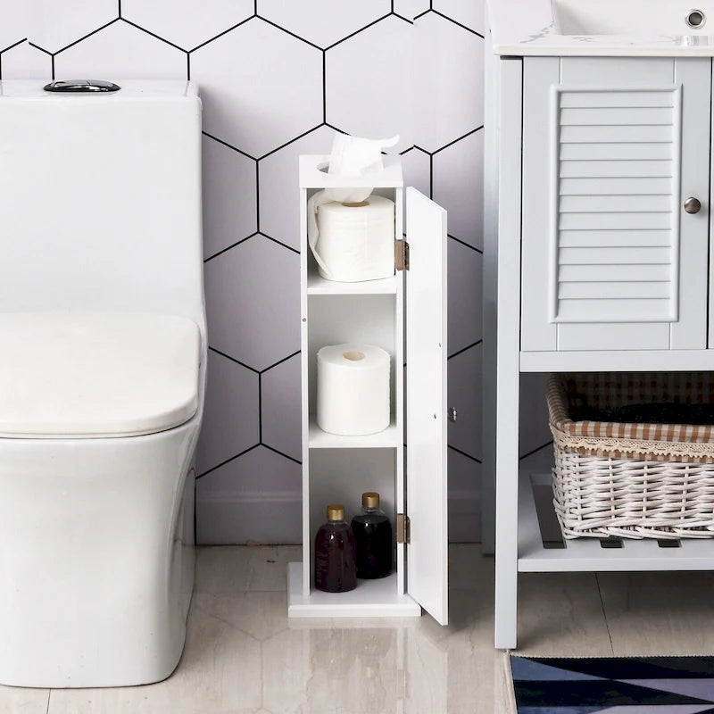 Slim Bathroom Floor Storage Cabinet with Door & Open Shelves – White, Space-Saving Vertical Design
