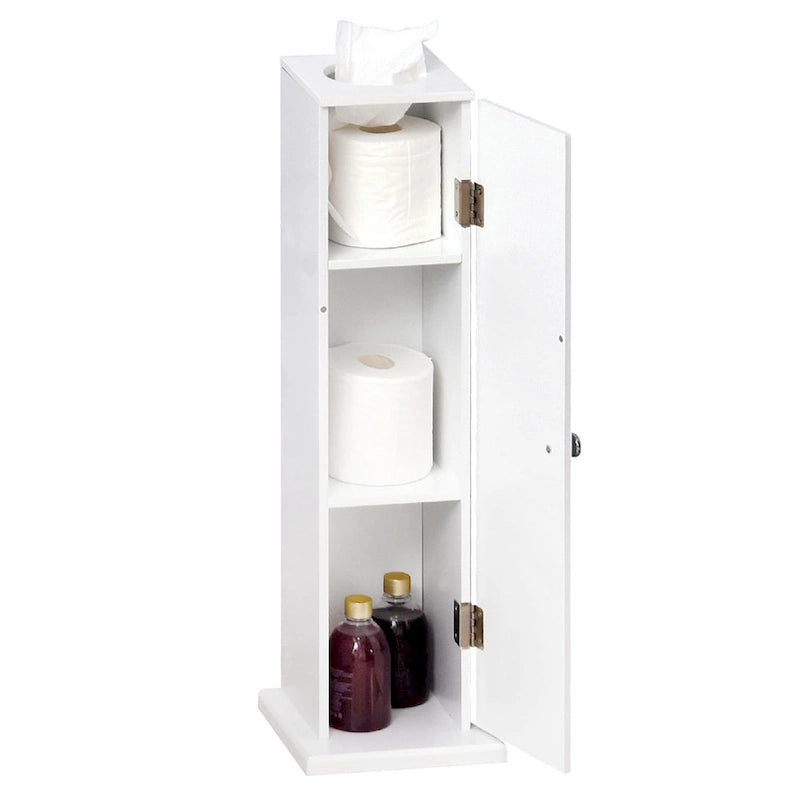 Slim Bathroom Floor Storage Cabinet with Door & Open Shelves – White, Space-Saving Vertical Design