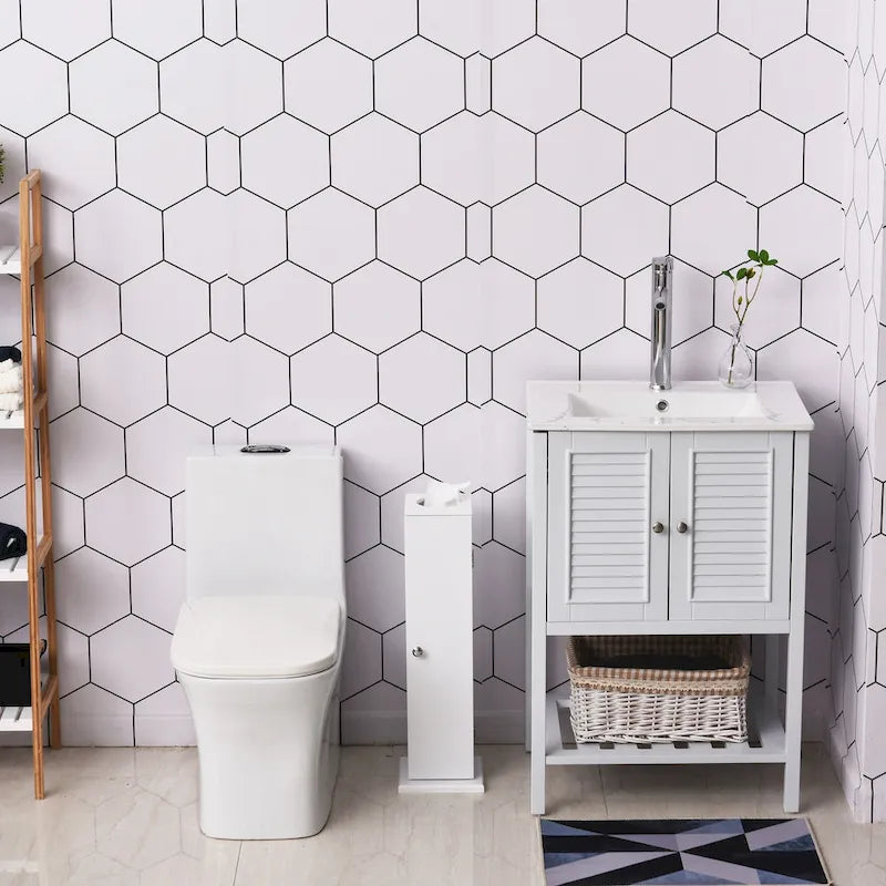 Slim Bathroom Floor Storage Cabinet with Door & Open Shelves – White, Space-Saving Vertical Design