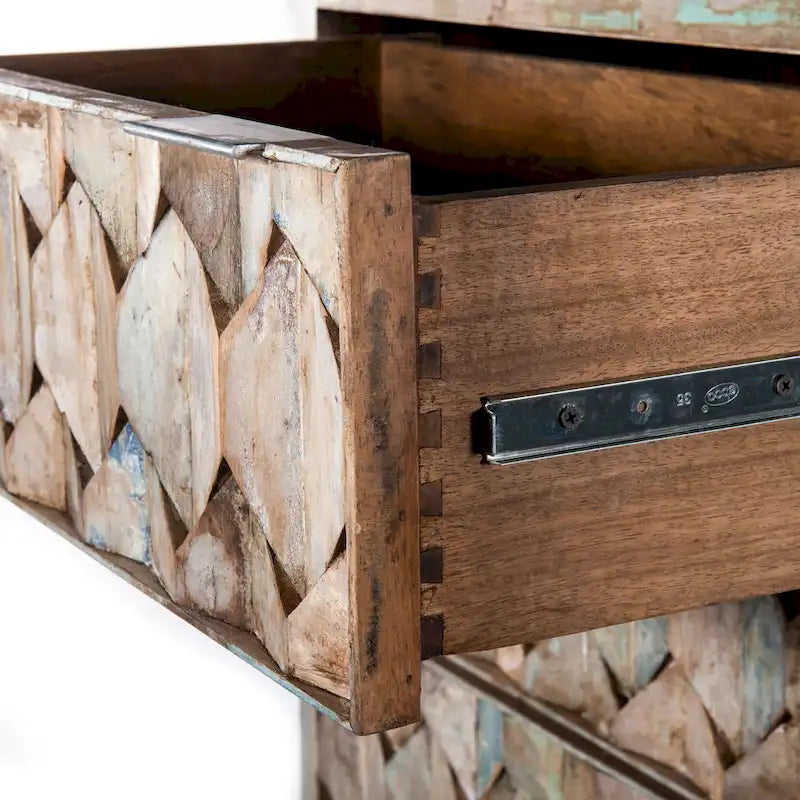 Reclaimed Teak Wood Dresser with Hexagon Drawer Fronts – Vintage Finish, Ball Bearing Glides, 5 or 6 Drawer