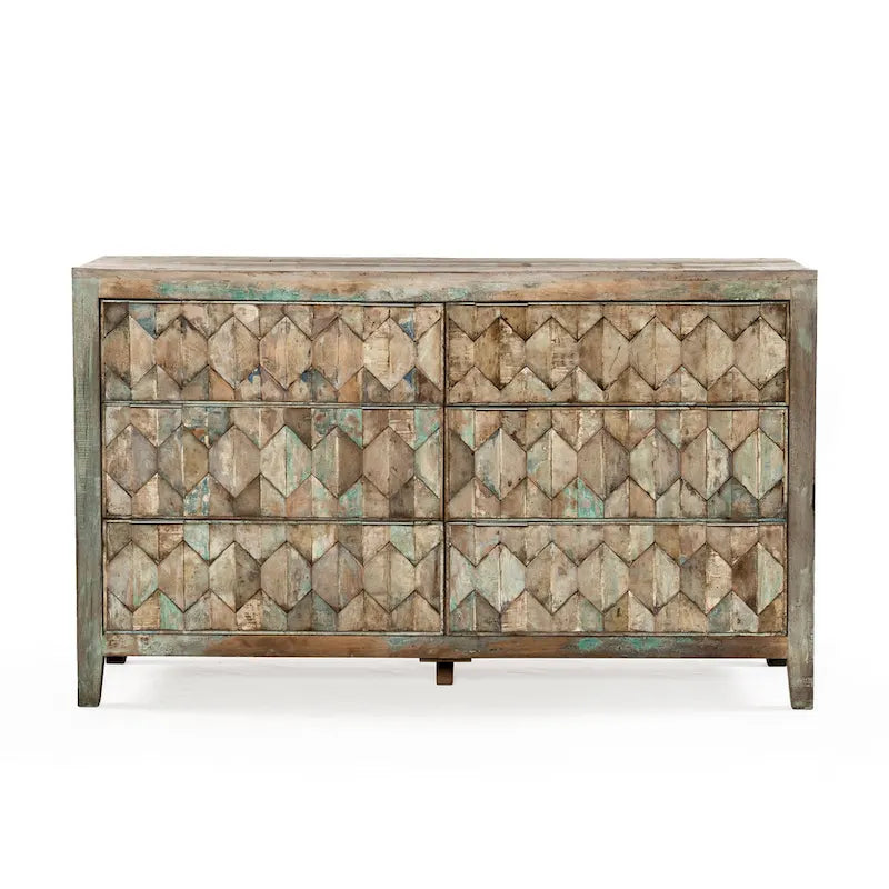 Reclaimed Teak Wood Dresser with Hexagon Drawer Fronts – Vintage Finish, Ball Bearing Glides, 5 or 6 Drawer