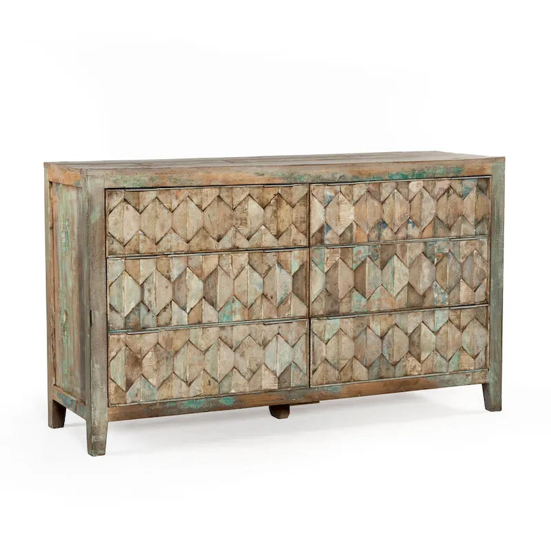 Reclaimed Teak Wood Dresser with Hexagon Drawer Fronts – Vintage Finish, Ball Bearing Glides, 5 or 6 Drawer