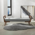 Mid-Century Modern Upholstered Bench with Walnut Wood Arms – Light Grey Fabric, Bedroom & Living Room