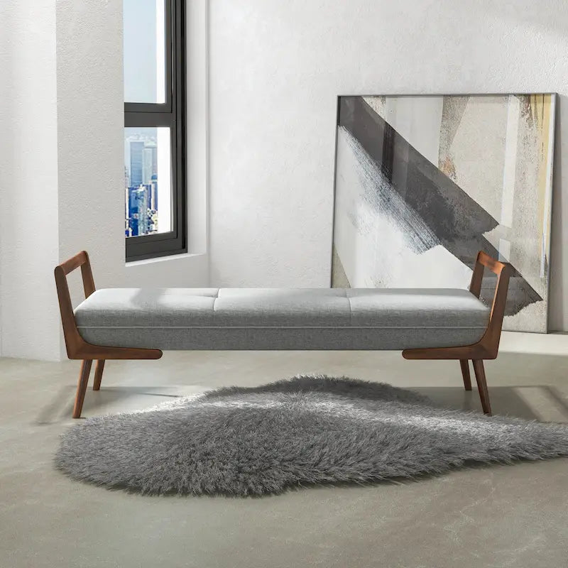 Mid-Century Modern Upholstered Bench with Walnut Wood Arms – Light Grey Fabric, Bedroom & Living Room