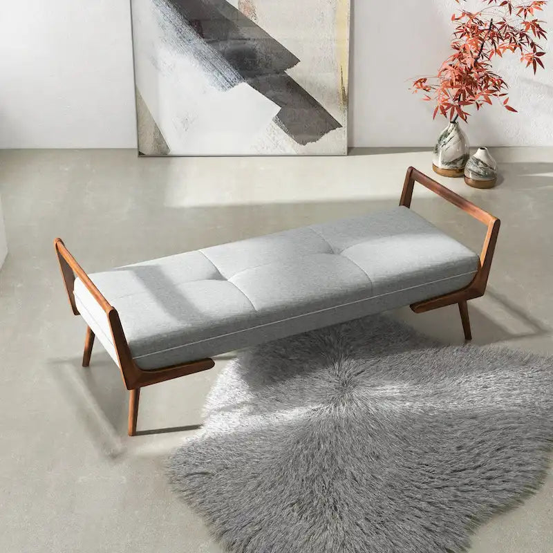 Mid-Century Modern Upholstered Bench with Walnut Wood Arms – Light Grey Fabric, Bedroom & Living Room