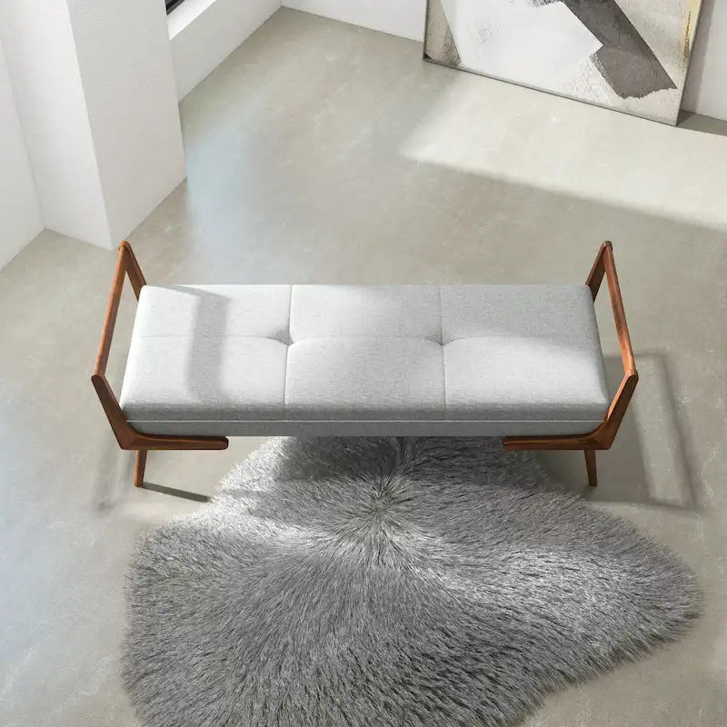 Mid-Century Modern Upholstered Bench with Walnut Wood Arms – Light Grey Fabric, Bedroom & Living Room
