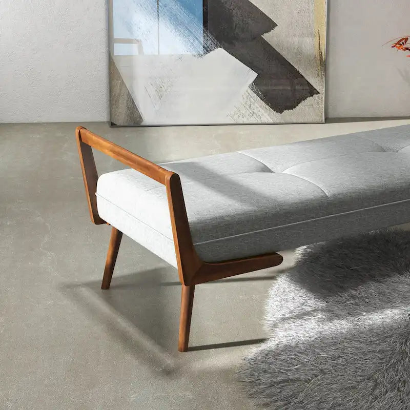 Mid-Century Modern Upholstered Bench with Walnut Wood Arms – Light Grey Fabric, Bedroom & Living Room