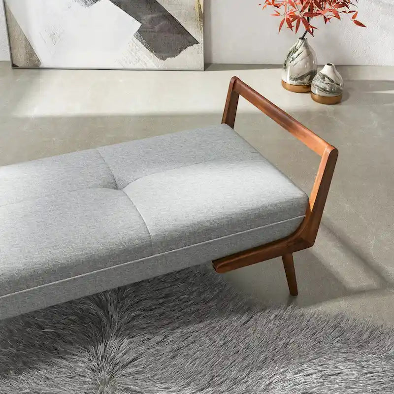 Mid-Century Modern Upholstered Bench with Walnut Wood Arms – Light Grey Fabric, Bedroom & Living Room