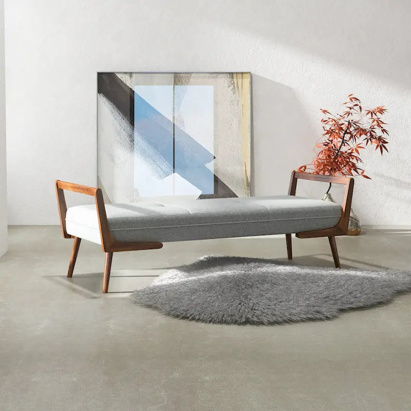 Mid-Century Modern Upholstered Bench with Walnut Wood Arms – Light Grey Fabric, Bedroom & Living Room