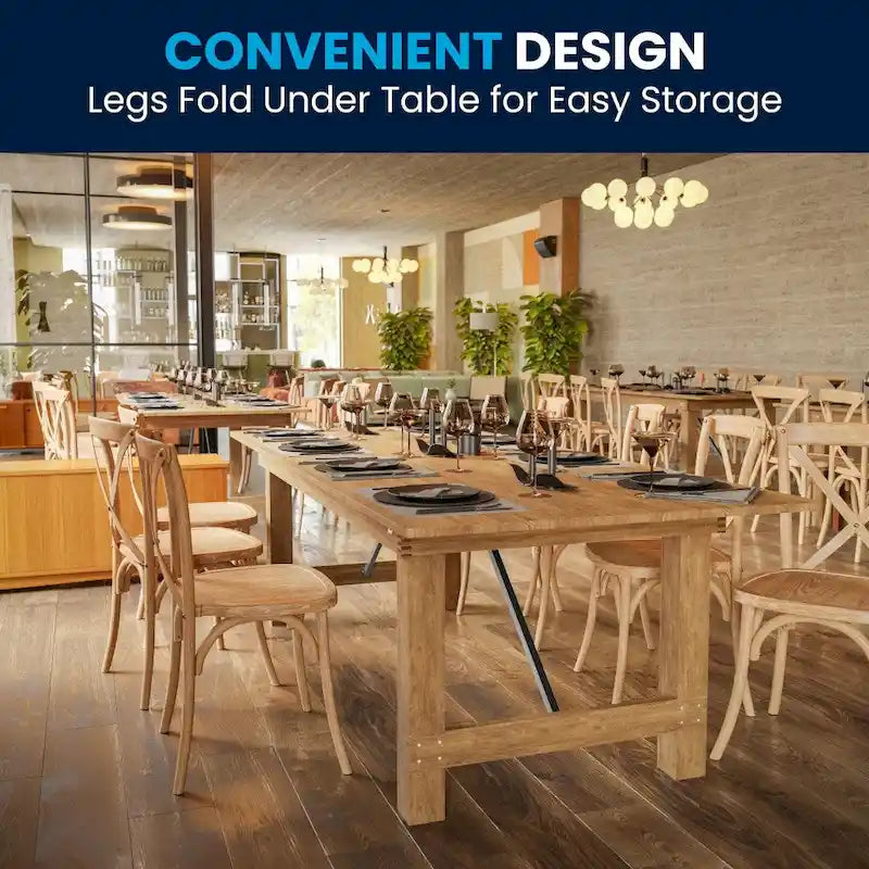 8ft Solid Pine Folding Farmhouse Dining Table – 96"x40", 4 Finishes, Indoor & Outdoor Use