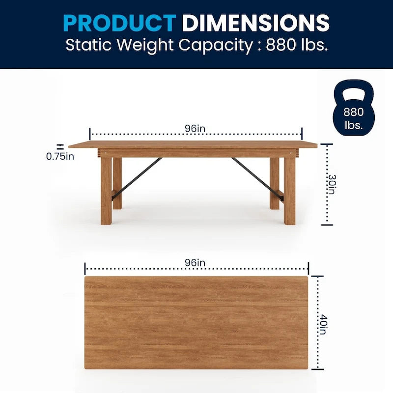 8ft Solid Pine Folding Farmhouse Dining Table – 96"x40", 4 Finishes, Indoor & Outdoor Use