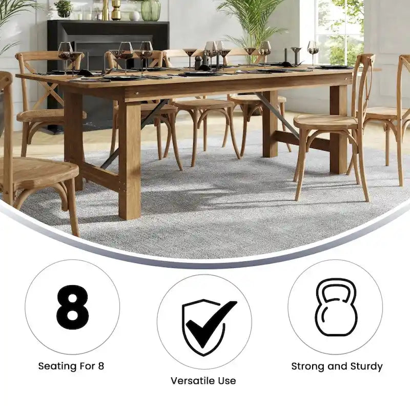 8ft Solid Pine Folding Farmhouse Dining Table – 96"x40", 4 Finishes, Indoor & Outdoor Use