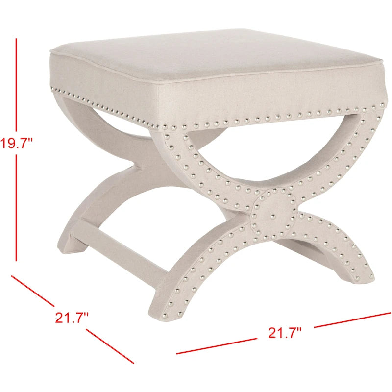 X-Frame Upholstered Ottoman in Taupe Linen with Silver Nailhead Trim – Modern Accent Bench