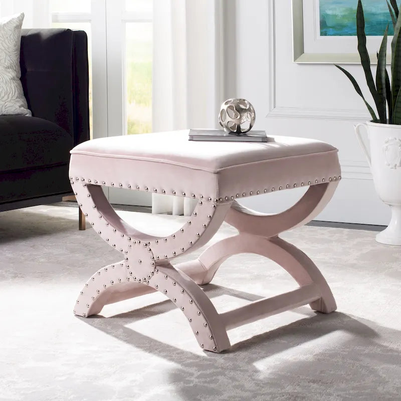 X-Frame Upholstered Ottoman in Taupe Linen with Silver Nailhead Trim – Modern Accent Bench