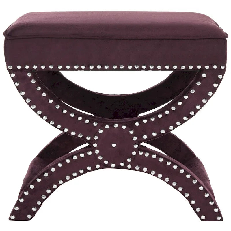 X-Frame Upholstered Ottoman in Taupe Linen with Silver Nailhead Trim – Modern Accent Bench