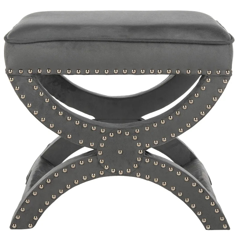 X-Frame Upholstered Ottoman in Taupe Linen with Silver Nailhead Trim – Modern Accent Bench