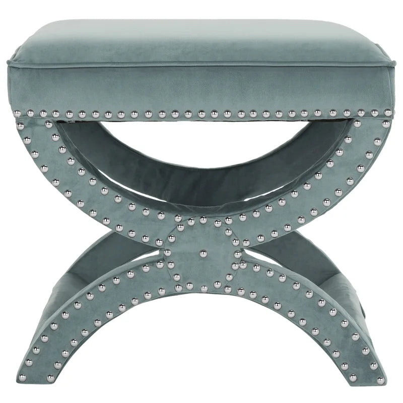 X-Frame Upholstered Ottoman in Taupe Linen with Silver Nailhead Trim – Modern Accent Bench
