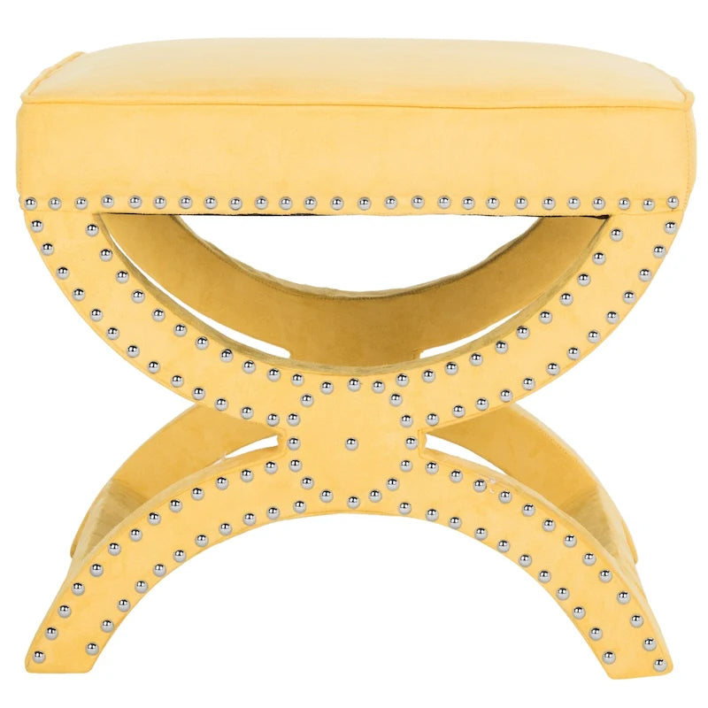 X-Frame Upholstered Ottoman in Taupe Linen with Silver Nailhead Trim – Modern Accent Bench