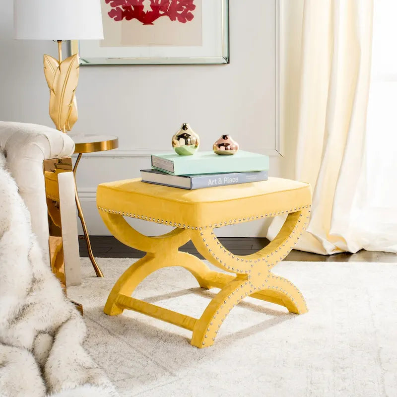 X-Frame Upholstered Ottoman in Taupe Linen with Silver Nailhead Trim – Modern Accent Bench