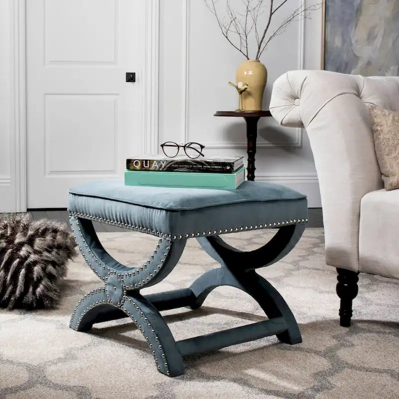 X-Frame Upholstered Ottoman in Taupe Linen with Silver Nailhead Trim – Modern Accent Bench