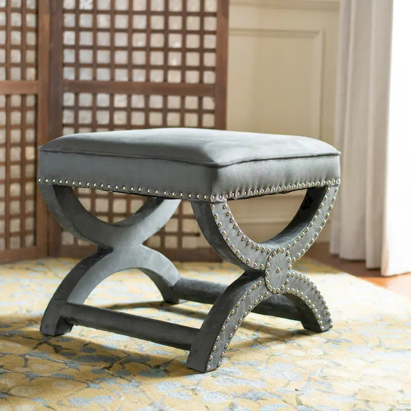 X-Frame Upholstered Ottoman in Taupe Linen with Silver Nailhead Trim – Modern Accent Bench