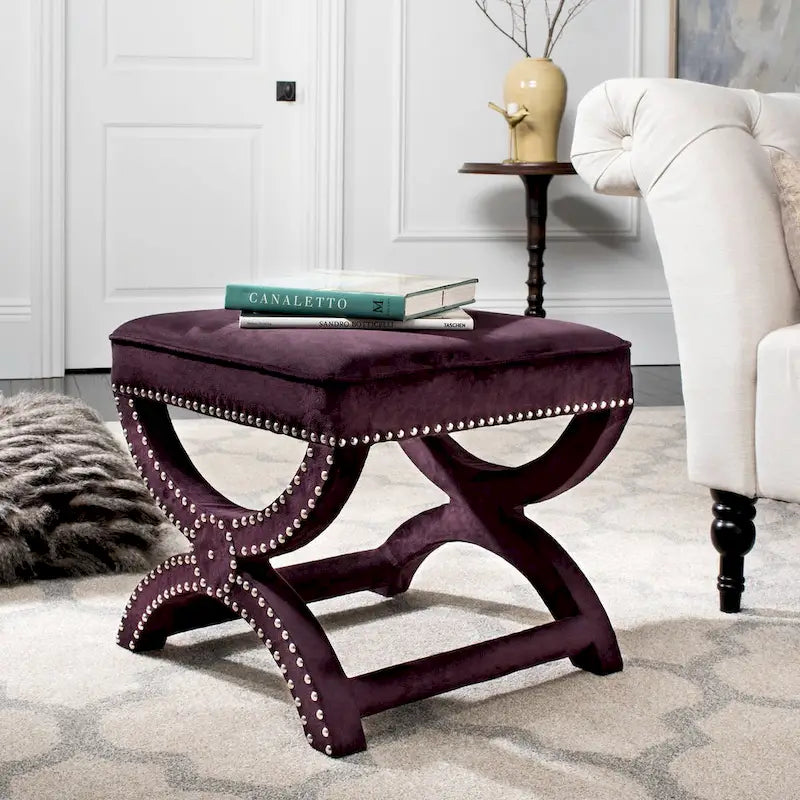 X-Frame Upholstered Ottoman in Taupe Linen with Silver Nailhead Trim – Modern Accent Bench