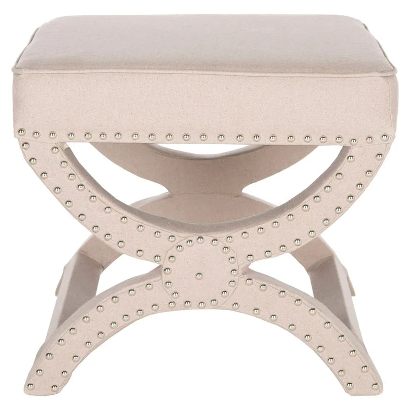 X-Frame Upholstered Ottoman in Taupe Linen with Silver Nailhead Trim – Modern Accent Bench