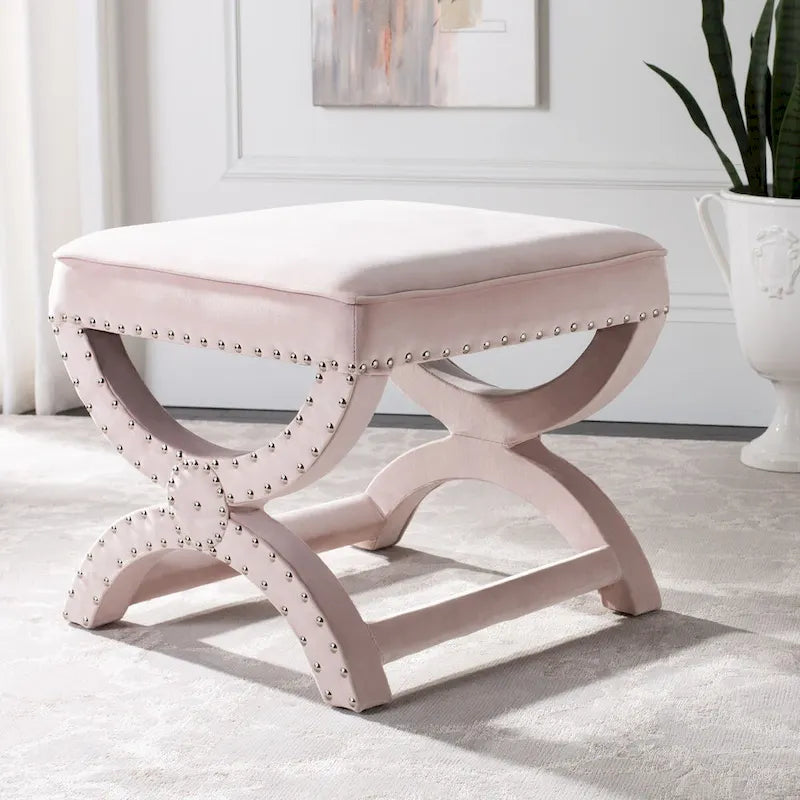 X-Frame Upholstered Ottoman in Taupe Linen with Silver Nailhead Trim – Modern Accent Bench