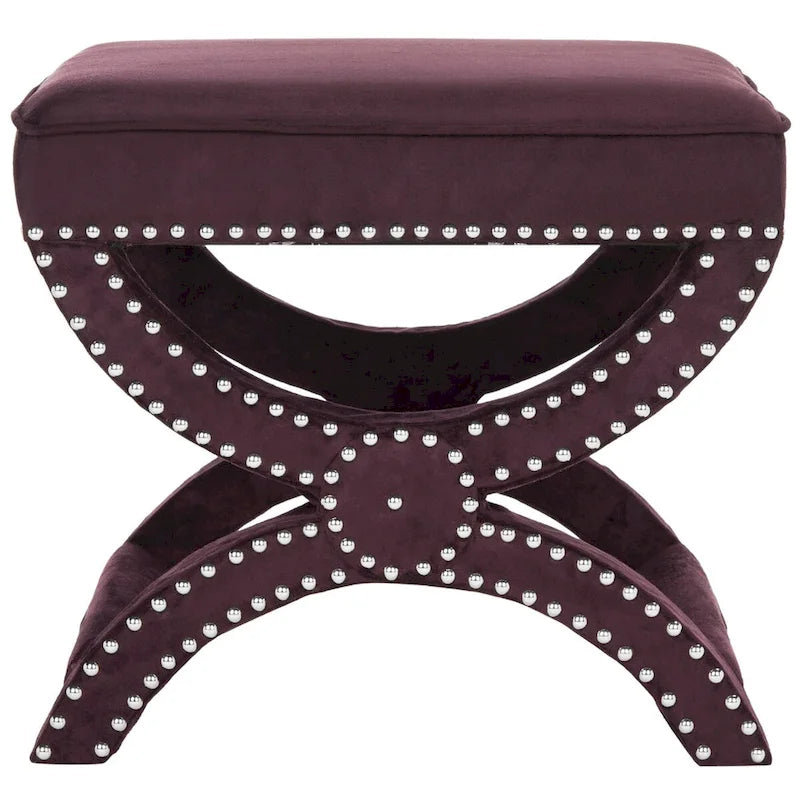 X-Frame Upholstered Ottoman in Taupe Linen with Silver Nailhead Trim – Modern Accent Bench