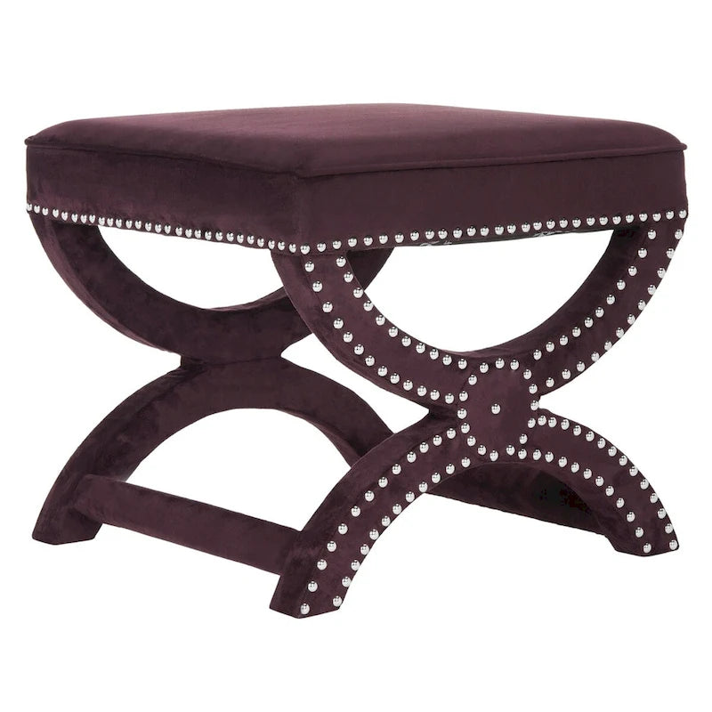 X-Frame Upholstered Ottoman in Taupe Linen with Silver Nailhead Trim – Modern Accent Bench