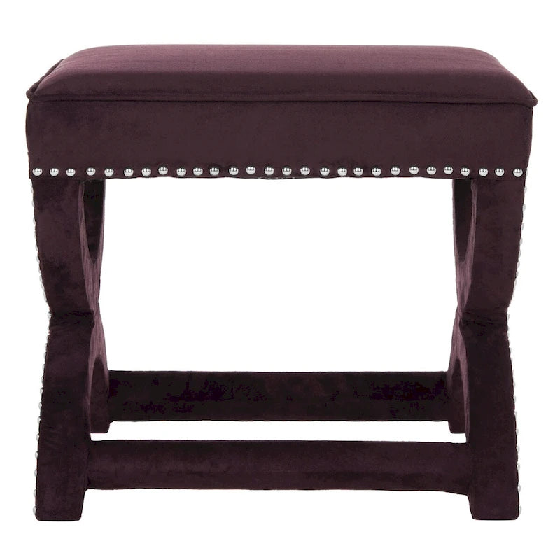 X-Frame Upholstered Ottoman in Taupe Linen with Silver Nailhead Trim – Modern Accent Bench