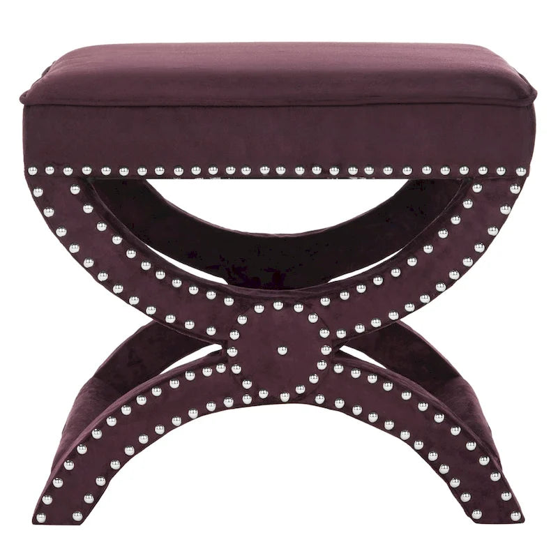 X-Frame Upholstered Ottoman in Taupe Linen with Silver Nailhead Trim – Modern Accent Bench