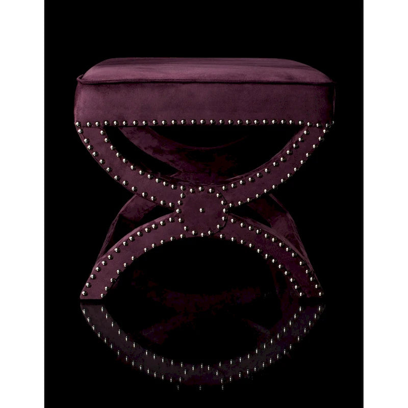 X-Frame Upholstered Ottoman in Taupe Linen with Silver Nailhead Trim – Modern Accent Bench