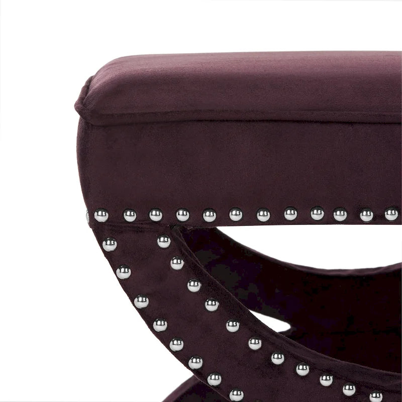 X-Frame Upholstered Ottoman in Taupe Linen with Silver Nailhead Trim – Modern Accent Bench