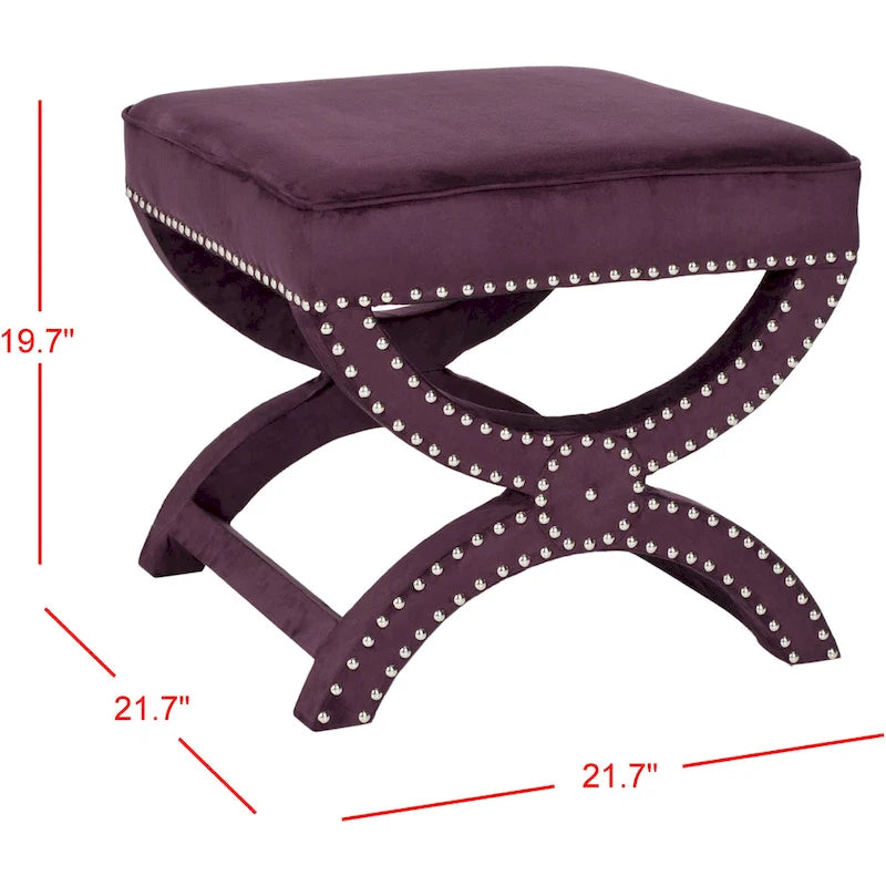 X-Frame Upholstered Ottoman in Taupe Linen with Silver Nailhead Trim – Modern Accent Bench