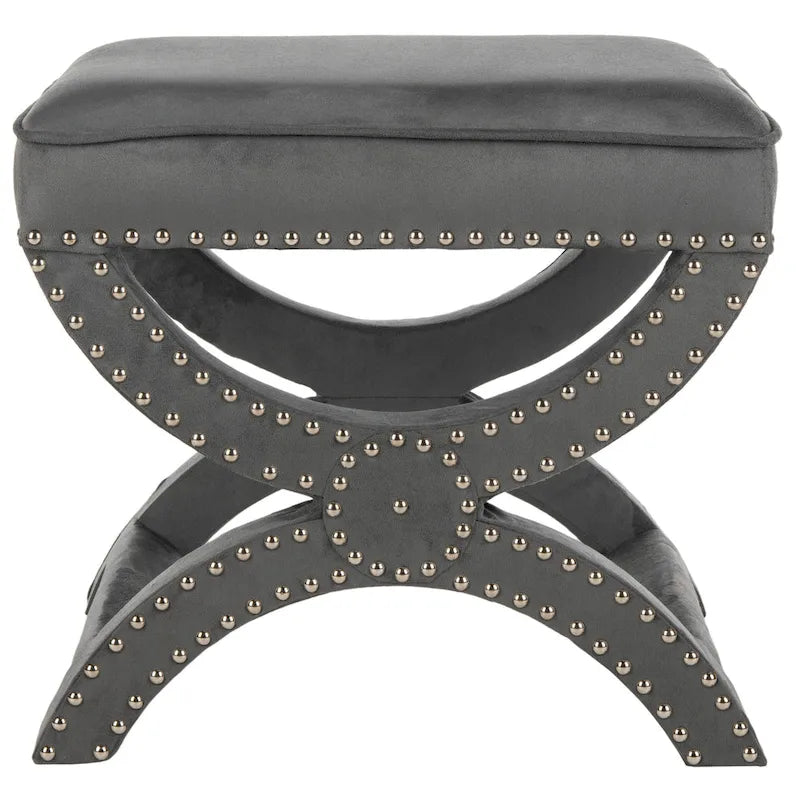 X-Frame Upholstered Ottoman in Taupe Linen with Silver Nailhead Trim – Modern Accent Bench