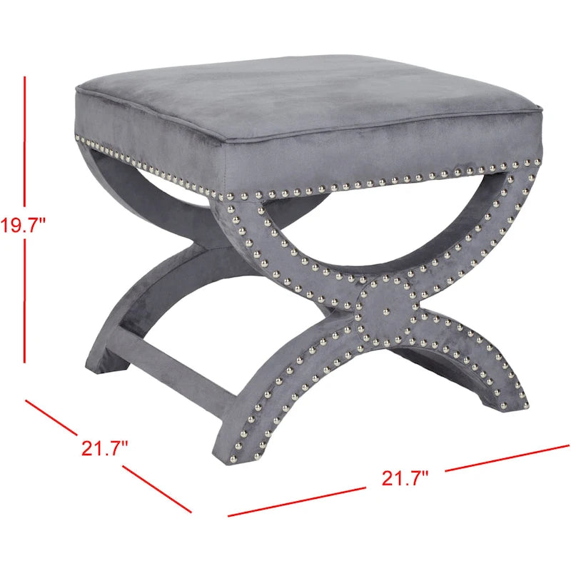 X-Frame Upholstered Ottoman in Taupe Linen with Silver Nailhead Trim – Modern Accent Bench