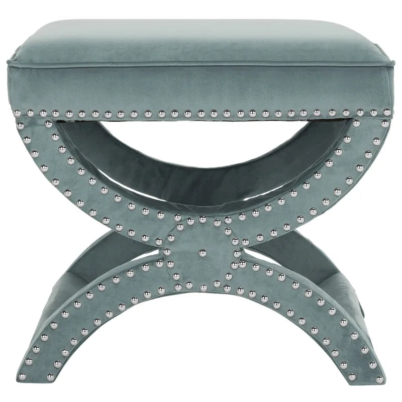 X-Frame Upholstered Ottoman in Taupe Linen with Silver Nailhead Trim – Modern Accent Bench